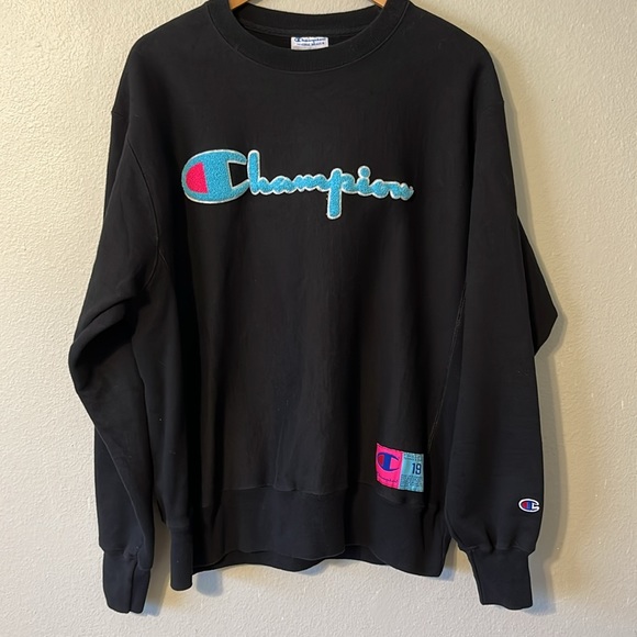 Champion Reverse Weave Black Teal Chenille Script Logo Crewneck Sweatshirt L - Picture 4 of 8